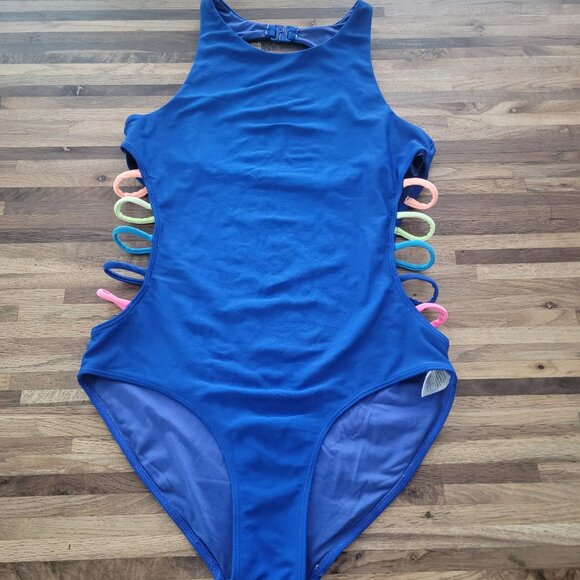 Z by Zella Girls One Piece Royal Blue Swimsuit with Rainbow Laddered sid… - Picture 3 of 8